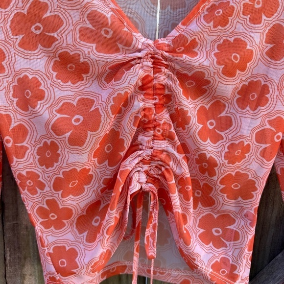 Florence by Mills exclusive ABOUT YOU ‘Foggy’ Flare Sleeve Y2K Top in Orange - Picture 11 of 14